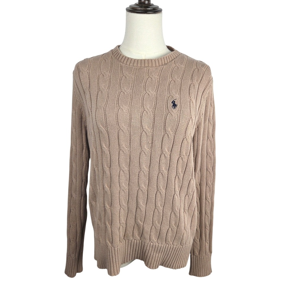 Polo Ralph Lauren Sweater Mens Medium Tan Cable Knit Custom Fit Cotton Crewneck